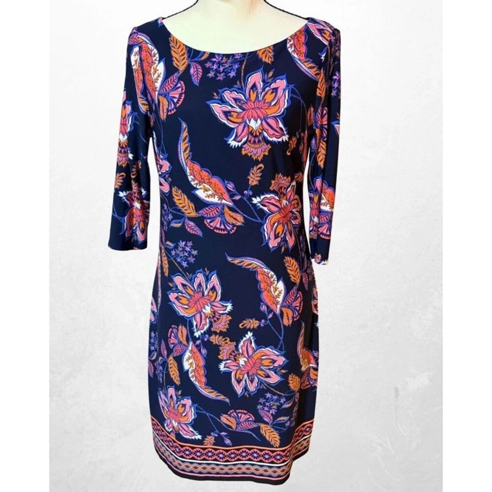 Vince Camuto Navy Paisley Floral Print Shift Dress Size 4 Three Quarter Sleeve